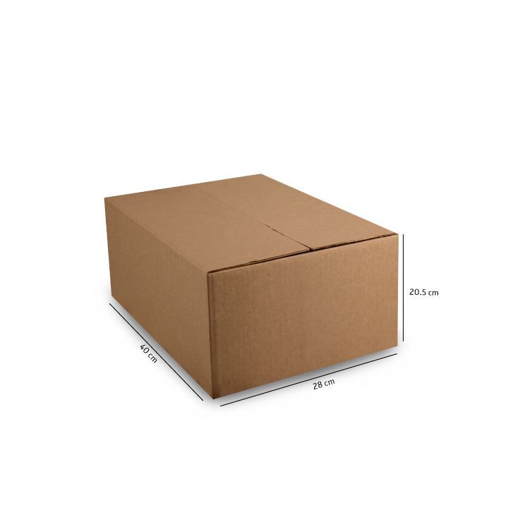 Caja de cartón marrón para envíos sobre fondo blanco, mostrada en vista de tres cuartos con las dimensiones indicadas.