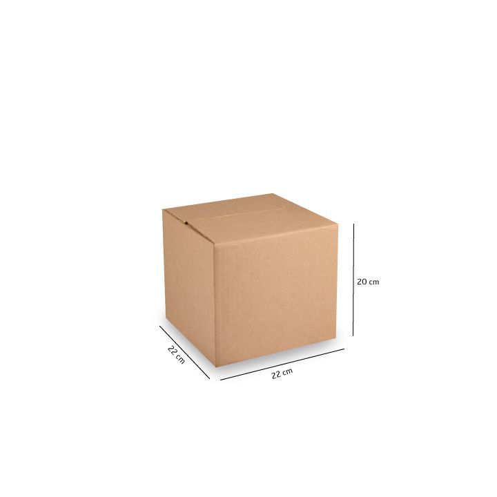 Caja de cartón marrón para envíos sobre fondo blanco con dimensiones indicadas de 20 cm x 20 cm x 20 cm.