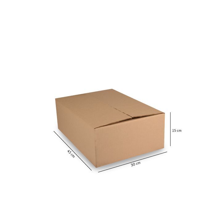 Caja de cartón marrón para envíos con las dimensiones marcadas sobre un fondo blanco.
