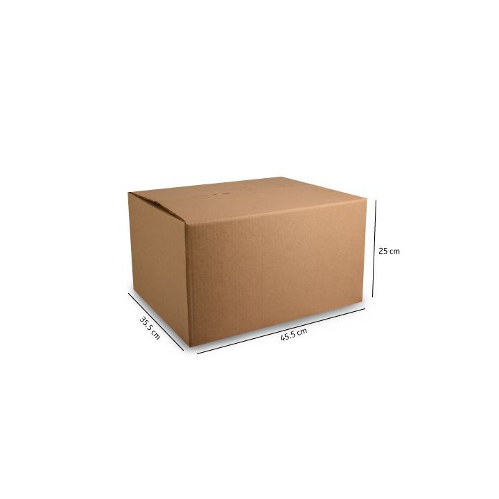 Caja de cartón marrón para envíos con dimensiones etiquetadas sobre un fondo blanco.