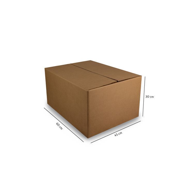 Caja de cartón marrón para envíos con las dimensiones marcadas sobre un fondo blanco.