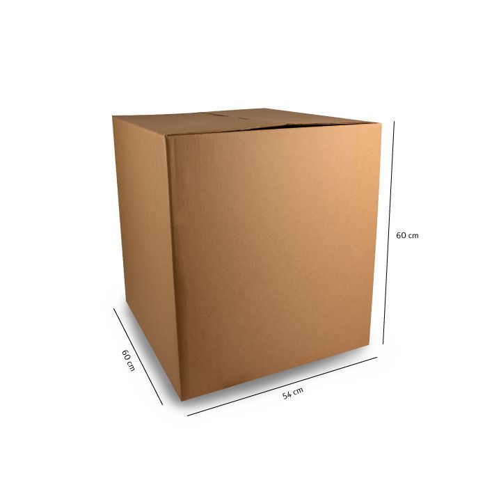 Caja de cartón para envíos sobre fondo blanco, con las dimensiones indicadas.