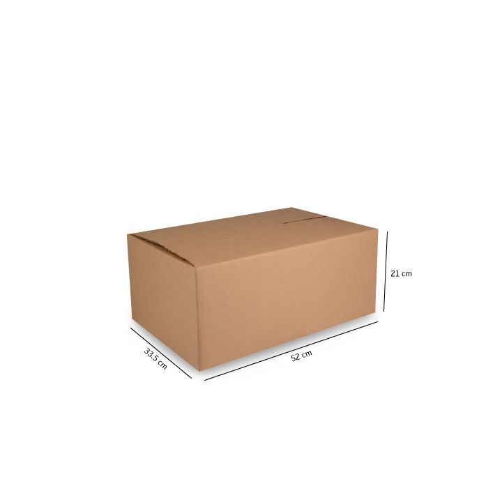 Caja de cartón marrón para envíos con las dimensiones marcadas sobre un fondo blanco.