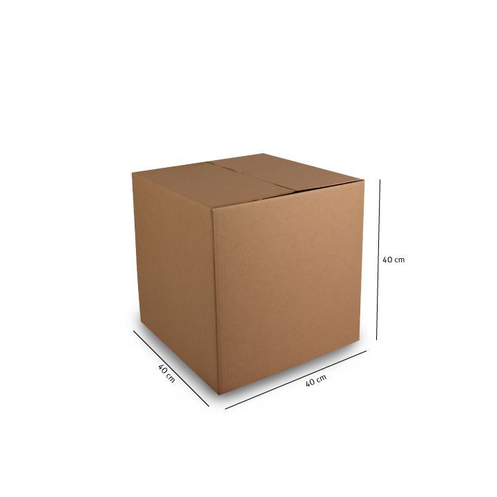 Caja de cartón marrón para envíos, mostrada sobre fondo blanco con las dimensiones indicadas.