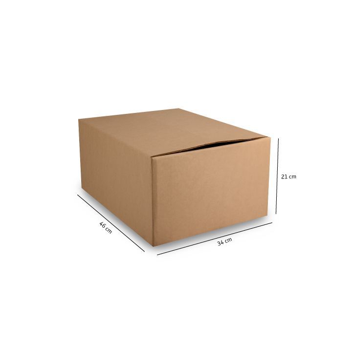 Caja de cartón marrón para envíos sobre fondo blanco con marcas de dimensiones.