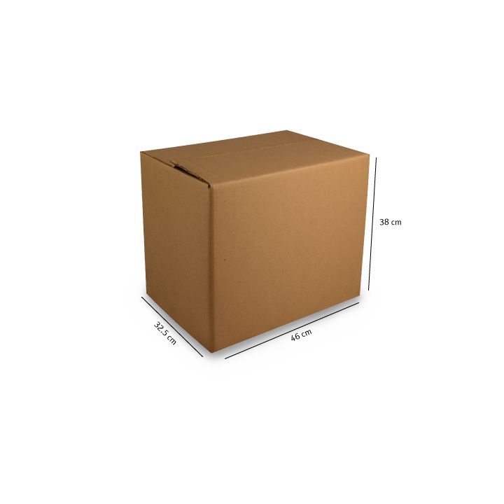 Caja de cartón marrón para envíos sobre fondo blanco con dimensiones marcadas de 45 cm x 35 cm x 40 cm.