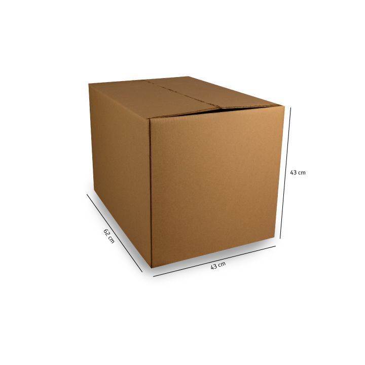 Caja de cartón marrón para envíos con las dimensiones marcadas sobre un fondo blanco.