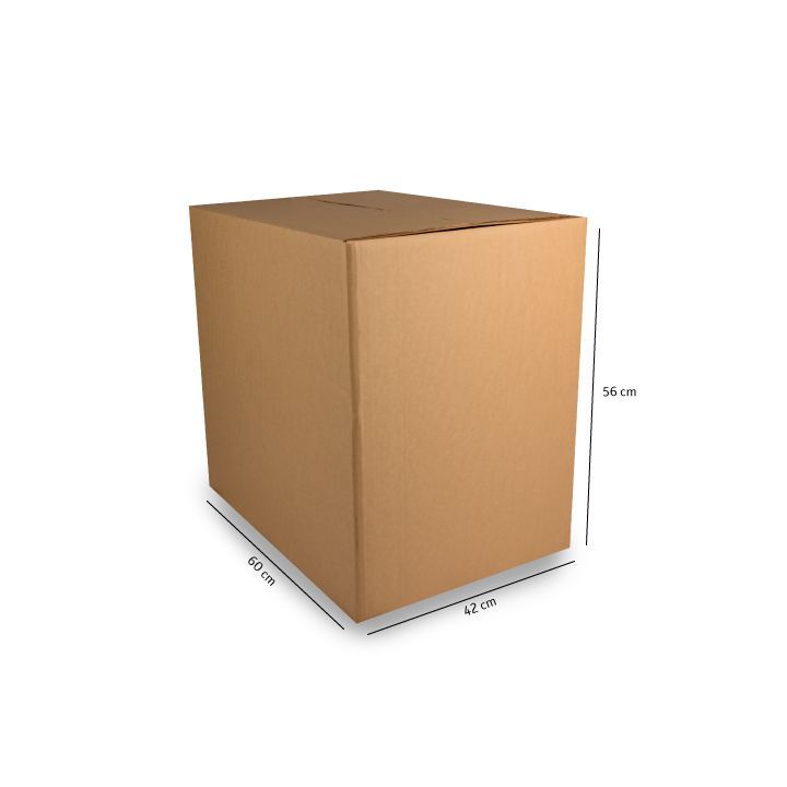 Caja de cartón marrón para envíos con las dimensiones indicadas sobre un fondo blanco.