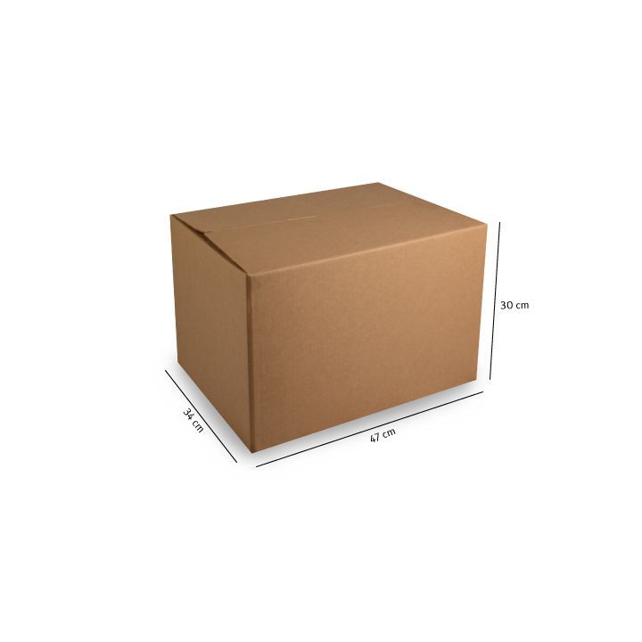 Caja de cartón marrón para envíos con medidas marcadas en los laterales.