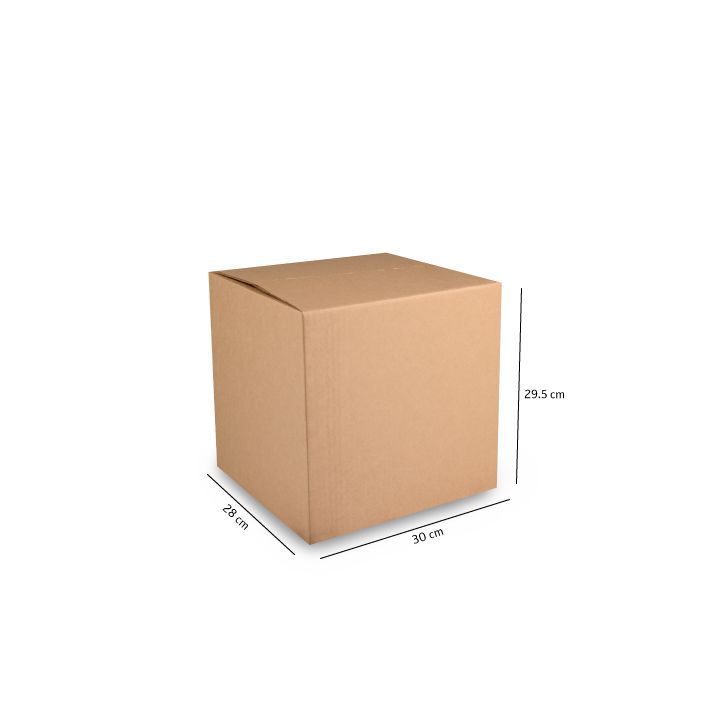 Caja de cartón marrón para envíos con dimensiones etiquetadas sobre un fondo blanco.