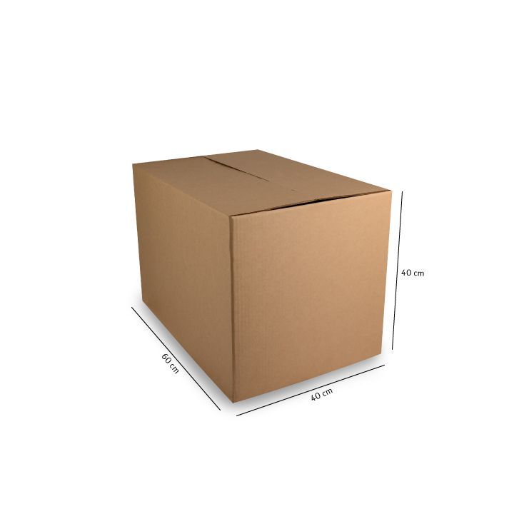 Caja de cartón marrón para envíos con las dimensiones marcadas sobre un fondo blanco.