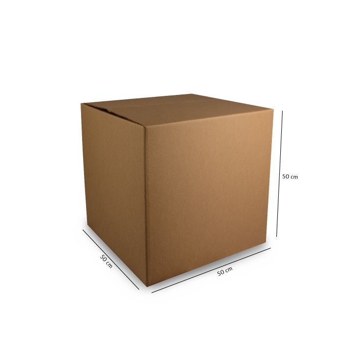 Caja de cartón marrón para envíos con dimensiones etiquetadas sobre un fondo blanco.