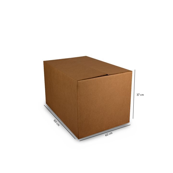 Caja de cartón marrón para envíos sobre fondo blanco, mostrada en vista de tres cuartos con las dimensiones indicadas.