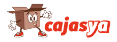 Mascota de caja de cartón de dibujos animados junto al logotipo rojo de “cajasya”.