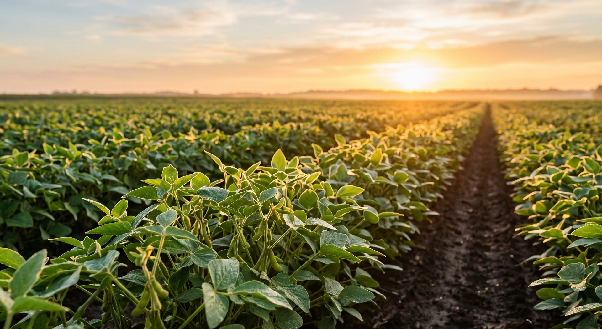 Sunlit crop field at sunrise with rows of green plants stretching to the horizon
