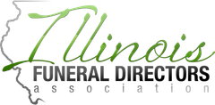 Illinois Funeral Directors Association logo with green leaf and black text on a white background