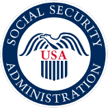Social Security Administration seal with blue circular border and red, white, and blue USA emblem