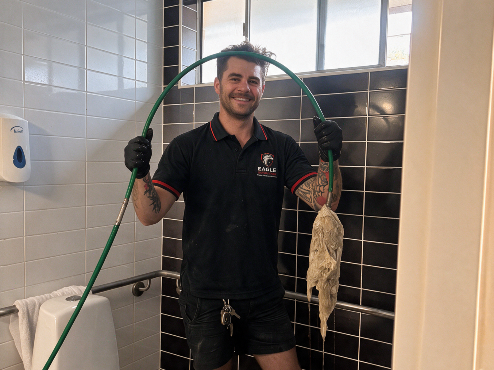 Man holding a green snake hook and a dead rodent in a tiled room, smiling at the camera