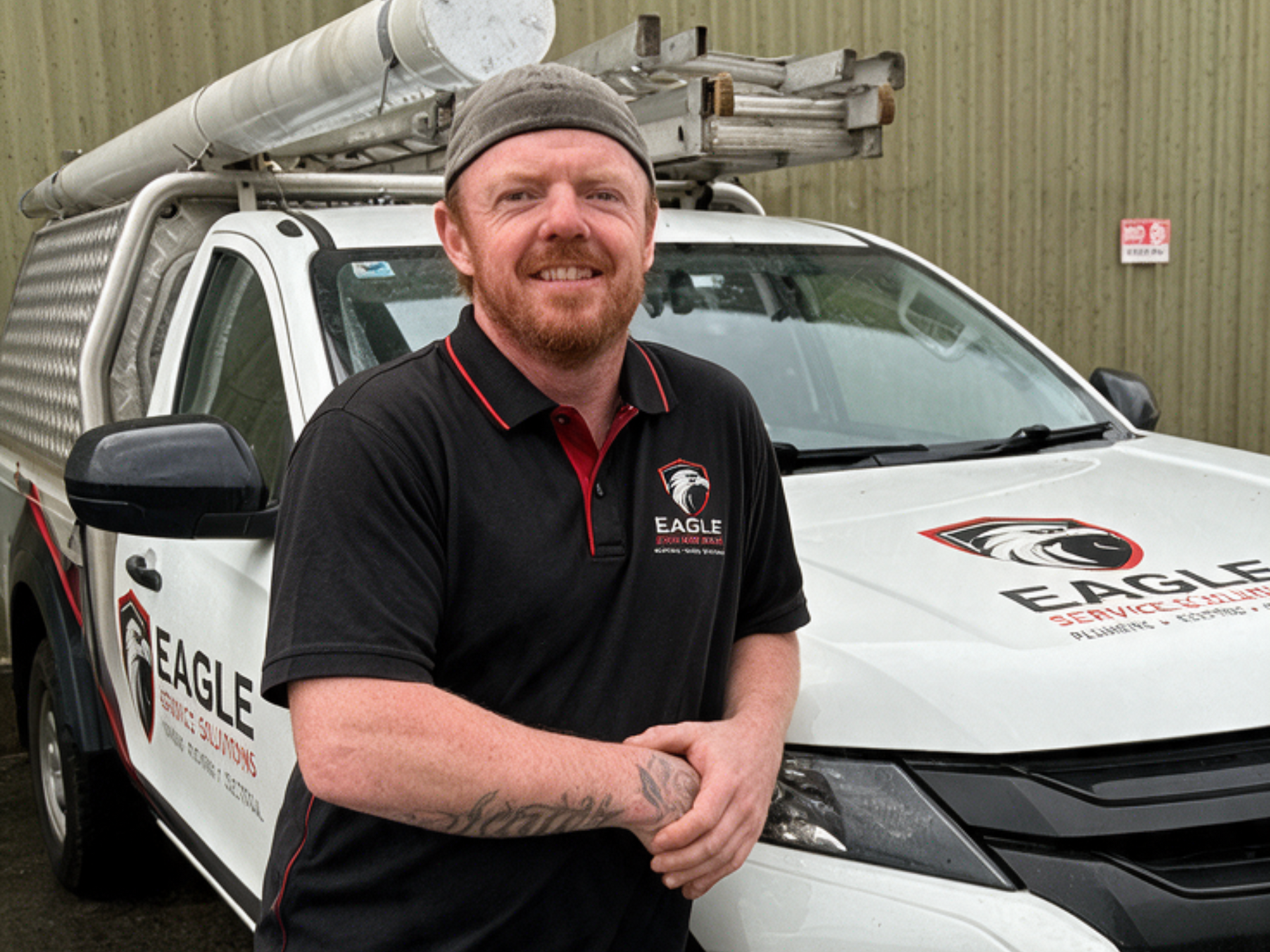 Man in black polo leaning on a white Eagle service van outdoors