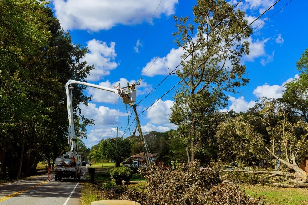 Utility truck trimming trees beside a road with fallen branches and a bright blue sky