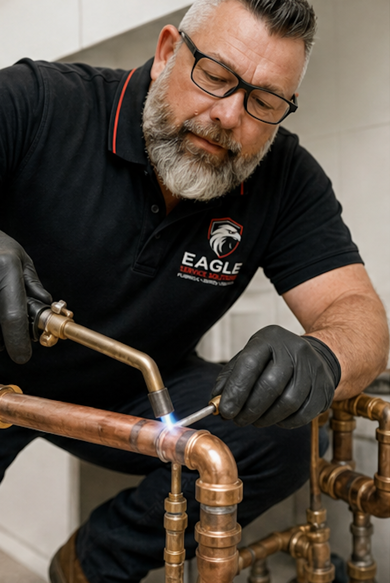 Plumber in black shirt welding copper pipes with a torch in a utility room
