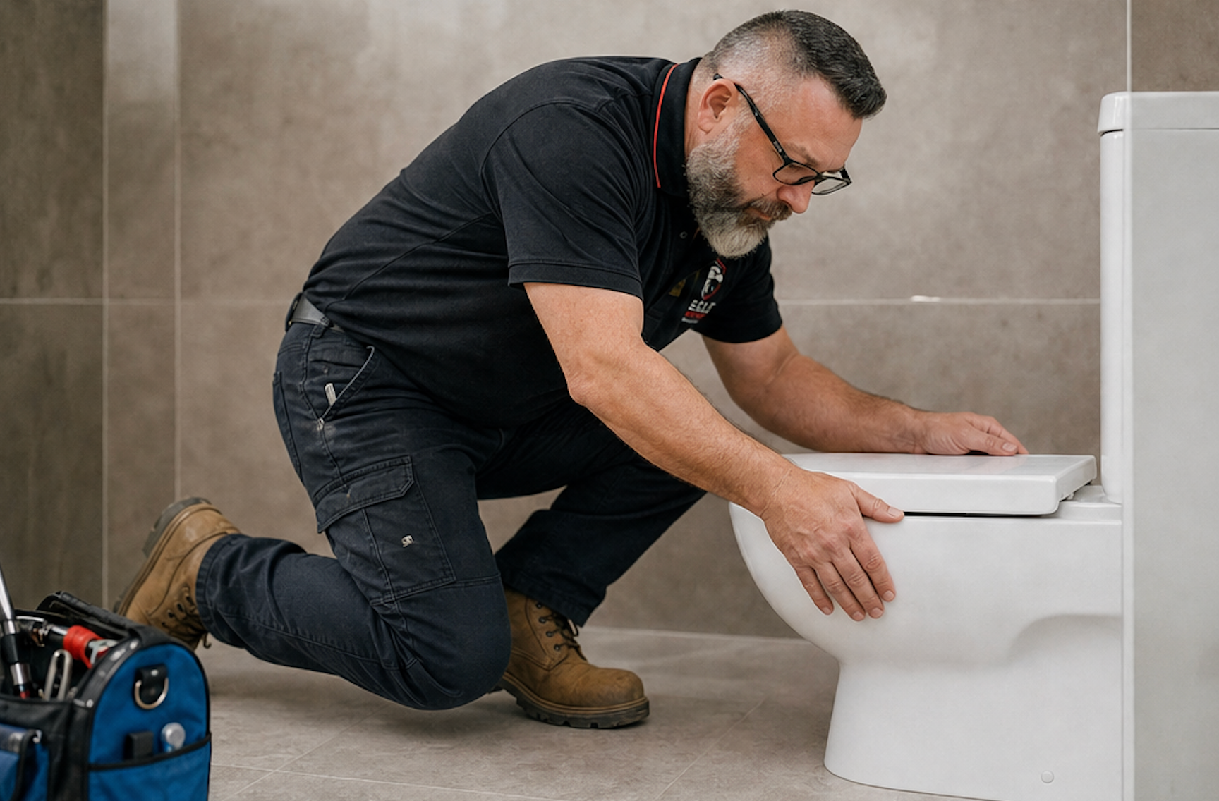 Plumber kneeling beside a toilet, installing or repairing it in a tiled bathroom.
