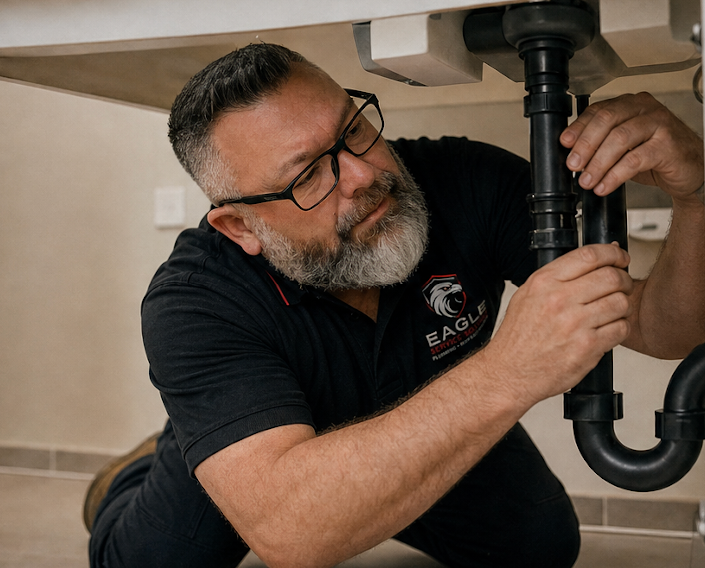 Plumber tightening a black sink drain pipe under a countertop