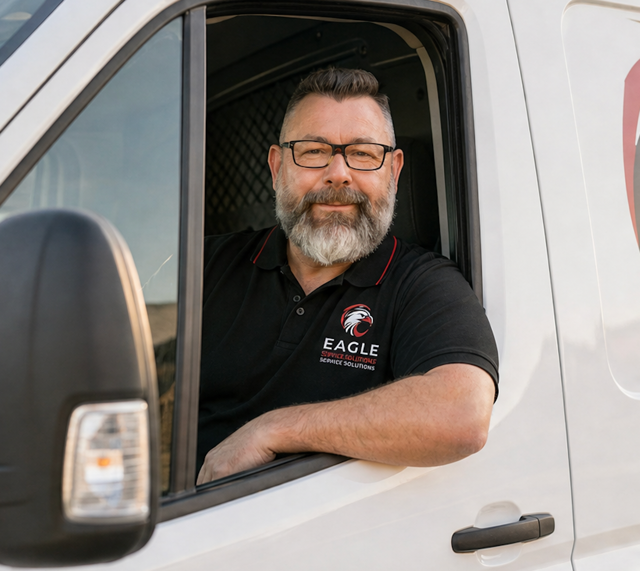 Smiling man in black polo leans out of a white truck window