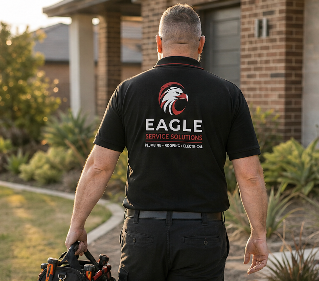 Worker in a black Eagle shirt walking toward a house, carrying tools in a suburban yard.