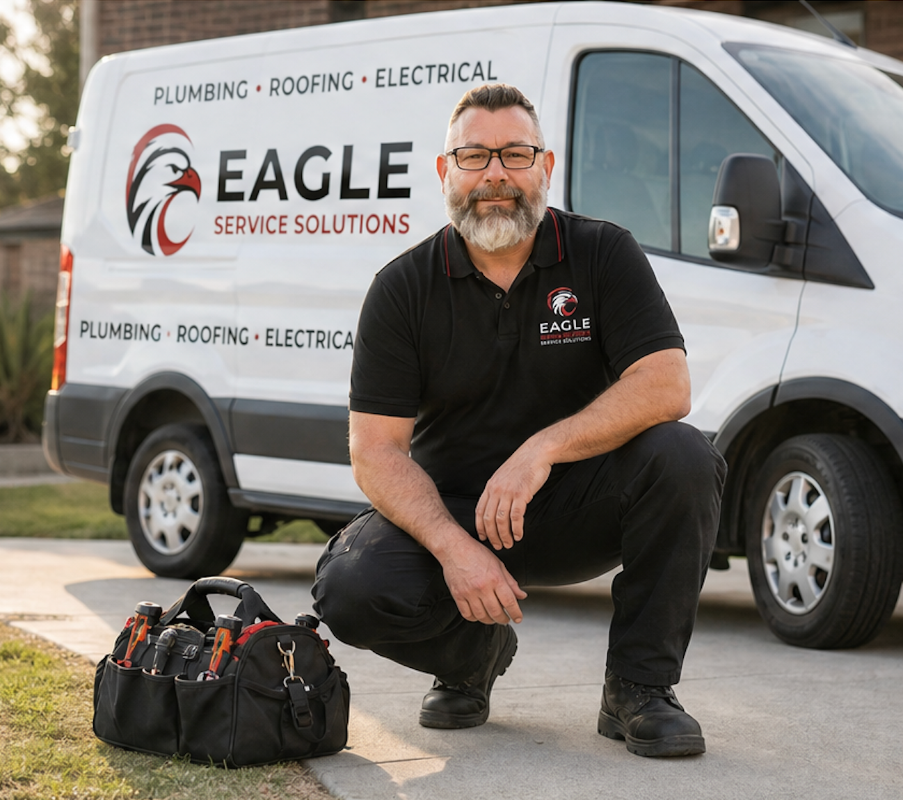 Service technician kneels beside a white Eagle Service Solutions van with tools in front.