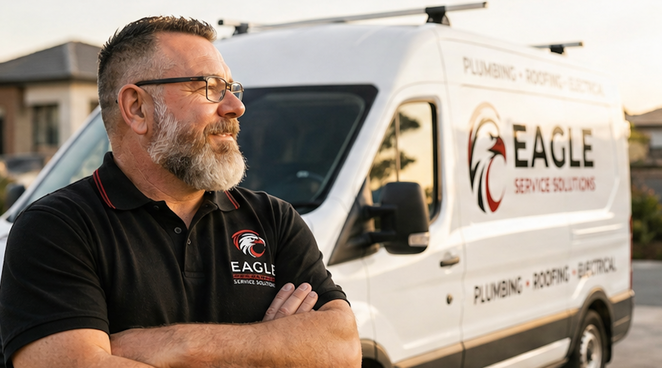 Bearded man in black polo stands by a white EAGLE plumbing service van
