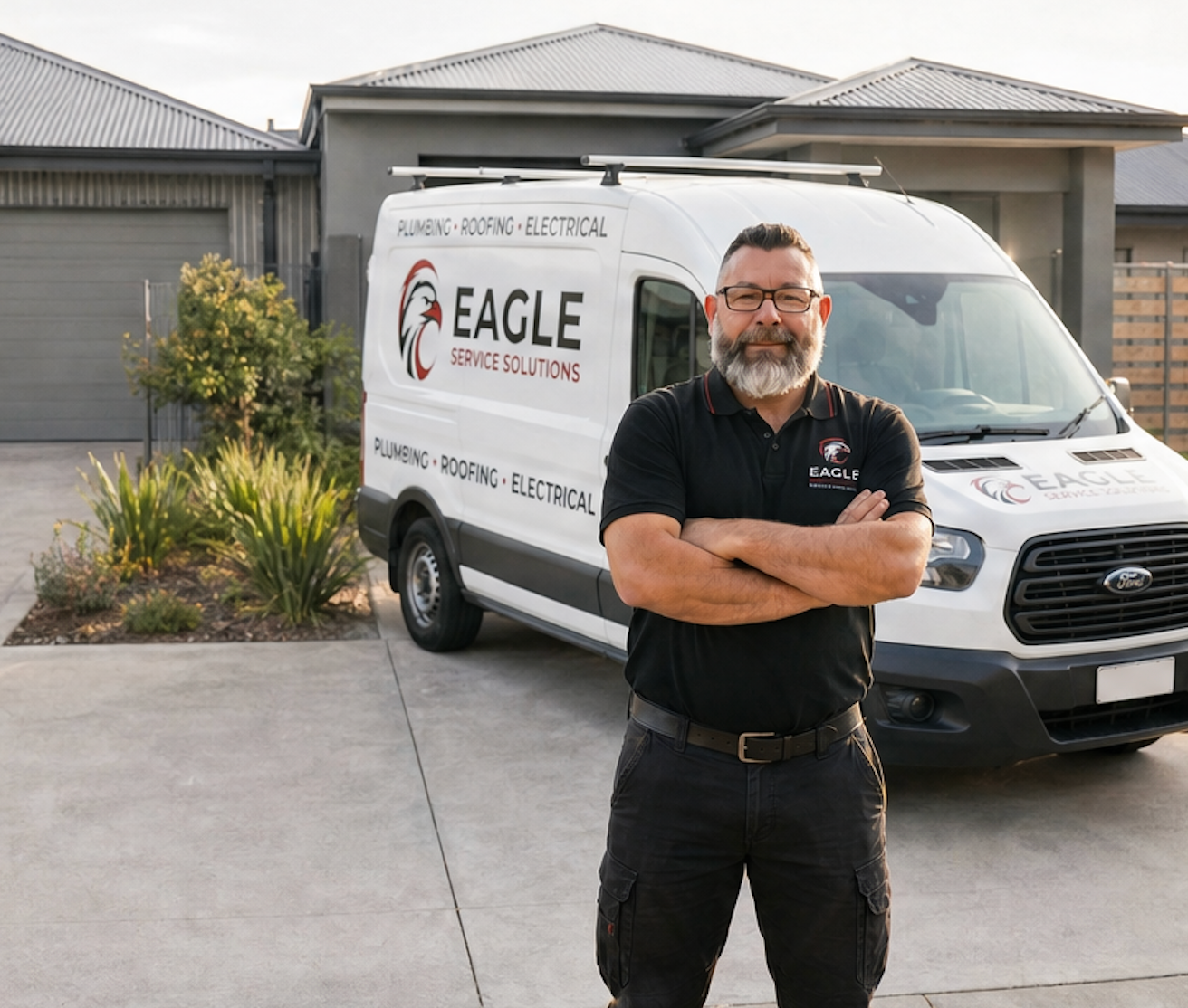 Smiling technician standing before a white Eagle van in a suburban driveway