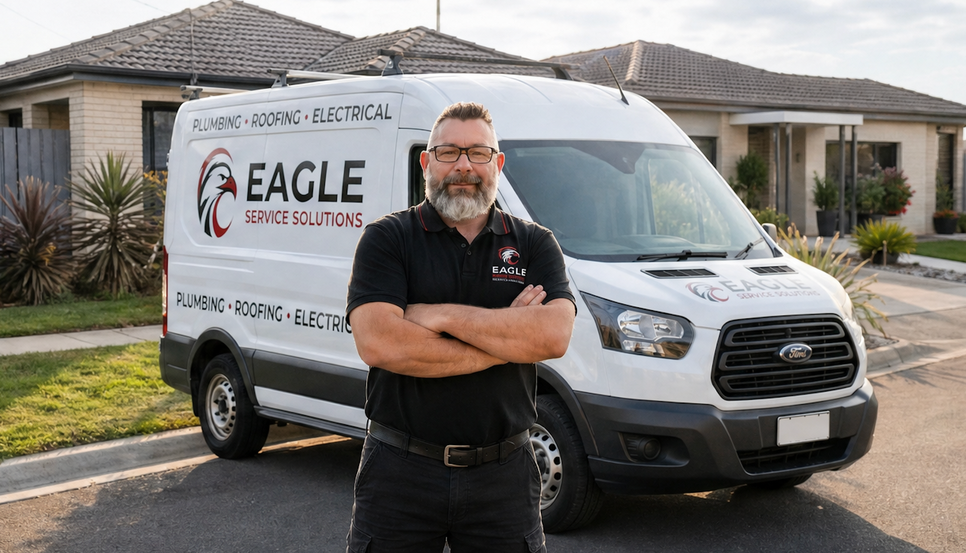 Man standing in front of a white Eagle service van in a suburban driveway, arms crossed.
