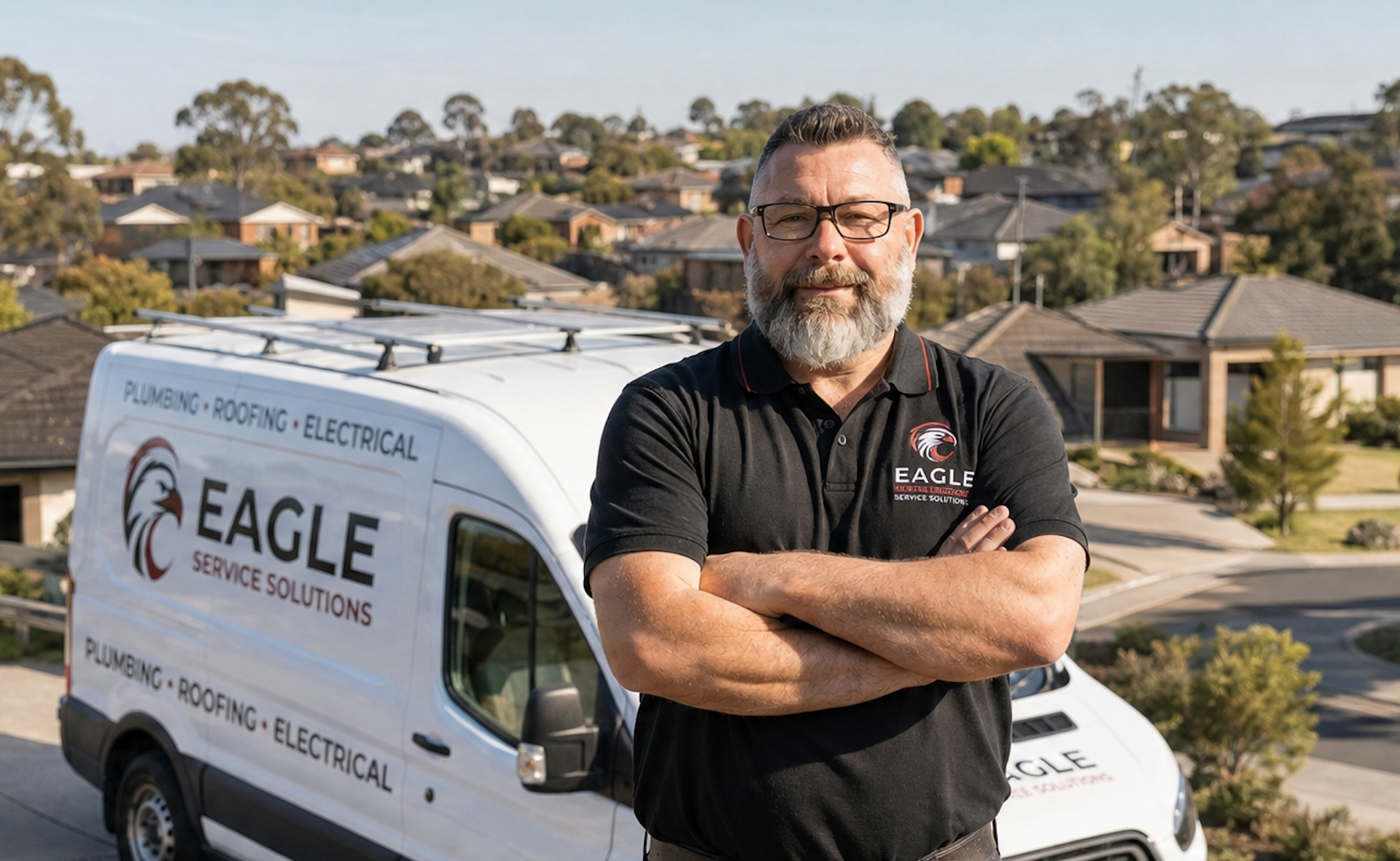 Man standing with arms crossed beside a white EAGLE service van in a suburban neighborhood