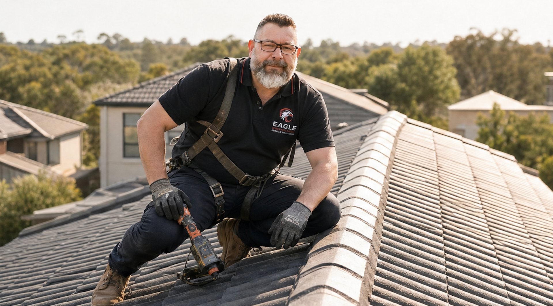 Man in black workwear kneeling on a rooftop, smiling beside a solar panel installation.
