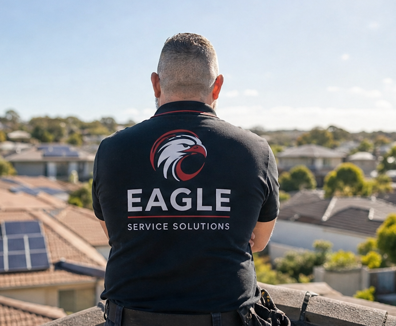 Bearded roofer kneeling on a tiled roof, inspecting shingles with a suburban neighborhood in the background