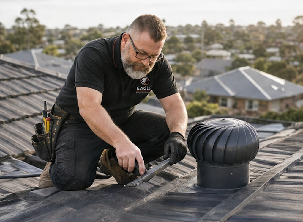 Worker repairing a rooftop vent on a black shingle roof with tools nearby