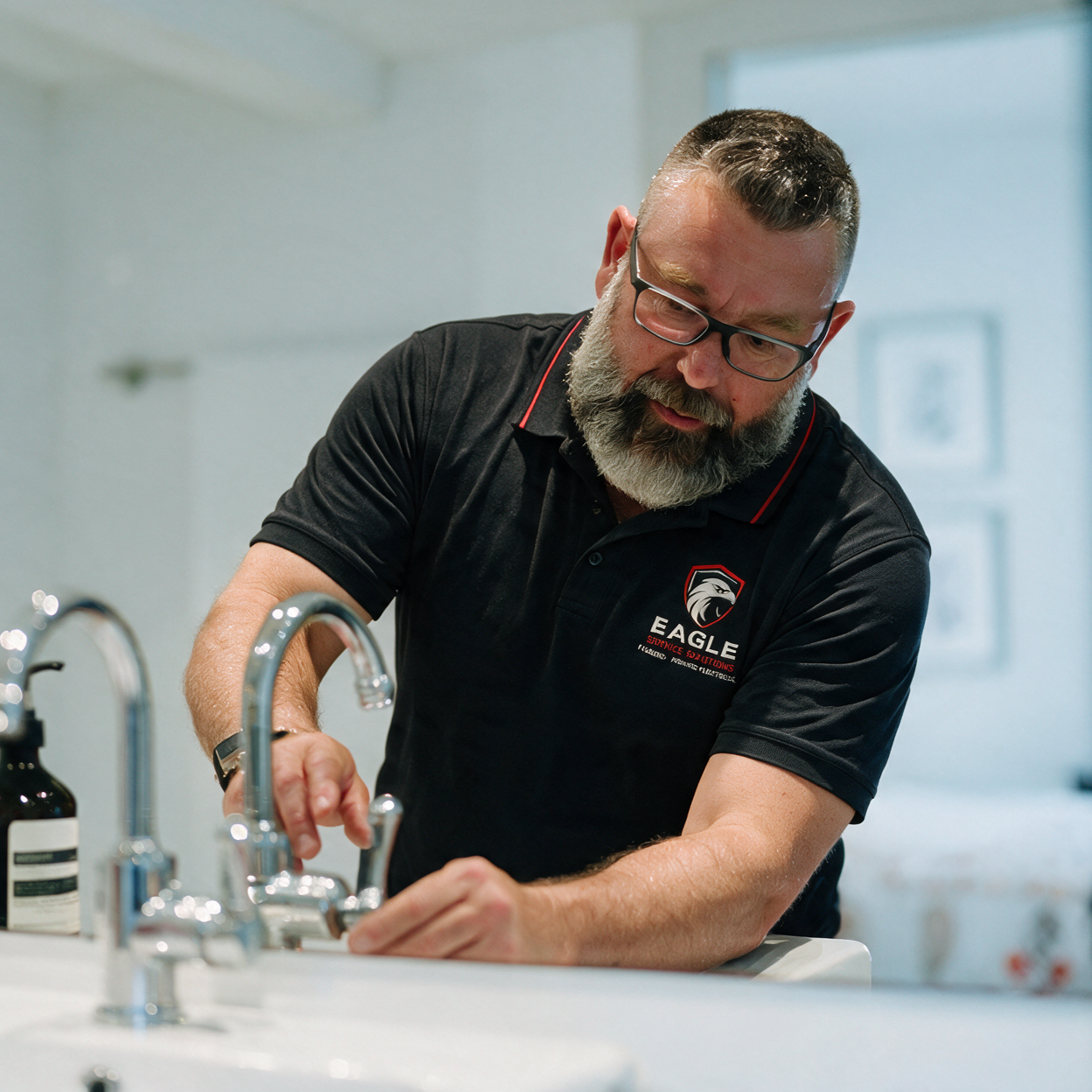 Man in black polo washing dishes at a kitchen sink, with soap bottle nearby