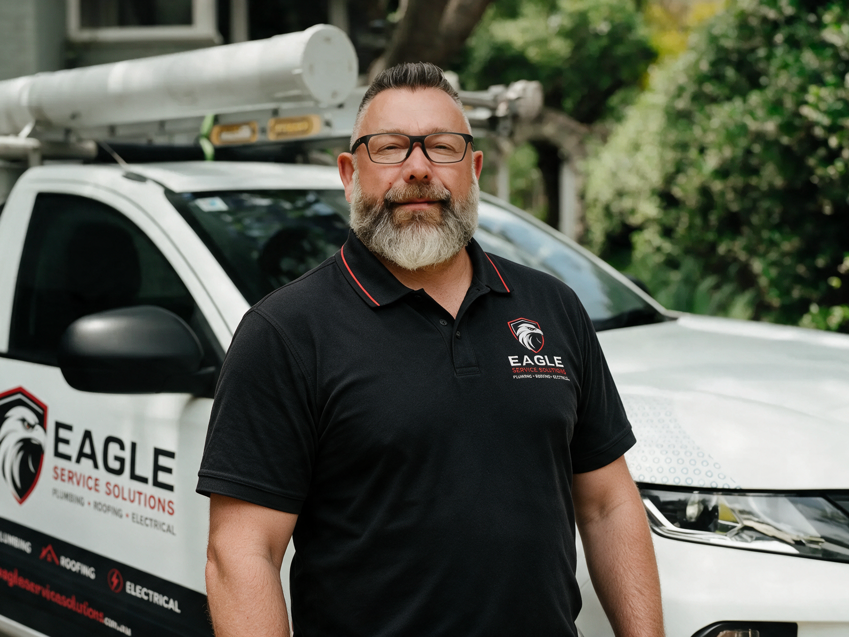 Man standing beside a white Eagle Service van, wearing a black polo shirt, with a ladder on the roof.