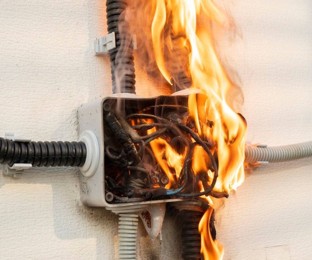 Burning electrical junction box with flames and black smoke on a wall