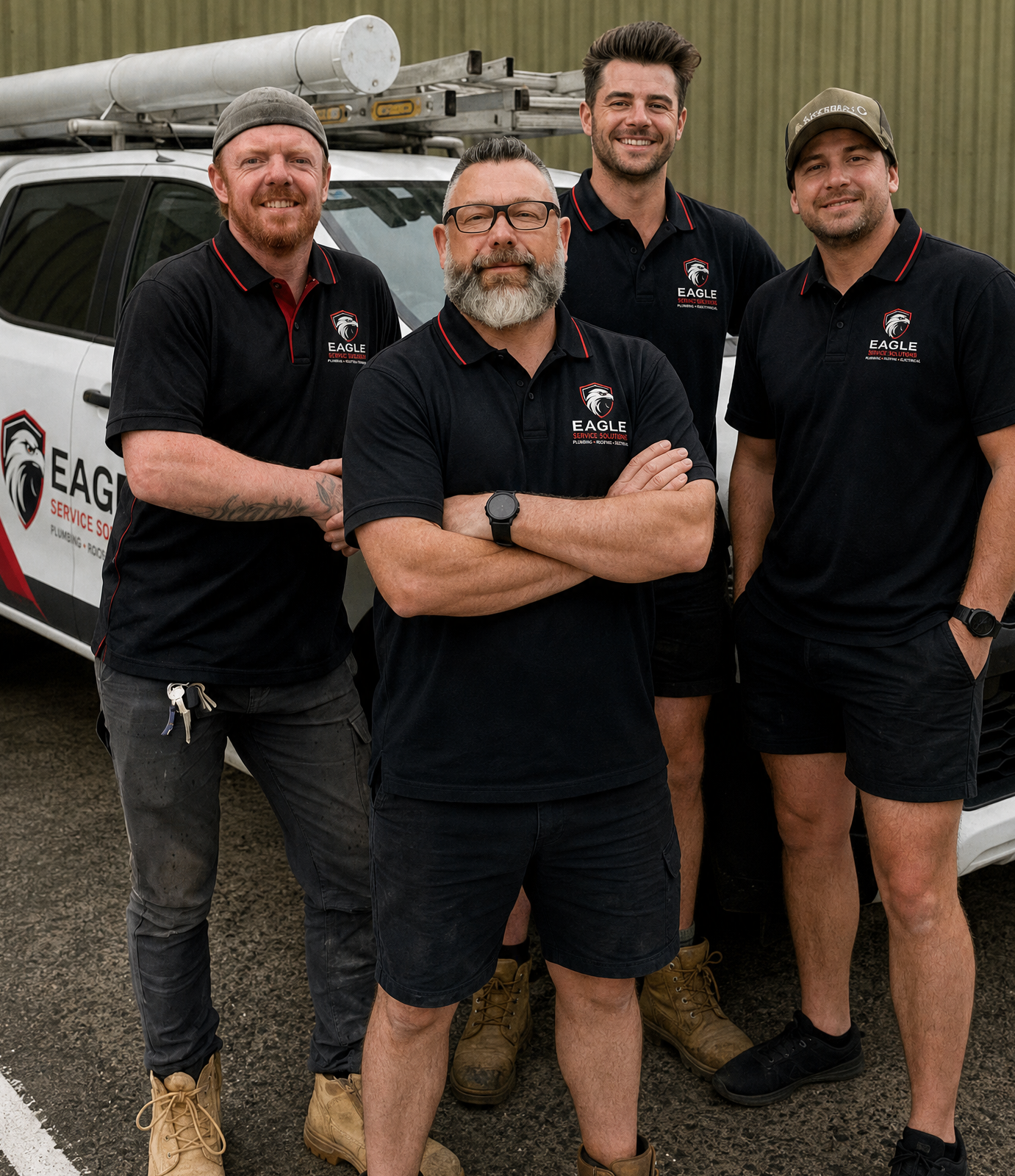 Four men in black uniforms stand smiling beside a service van outdoors.