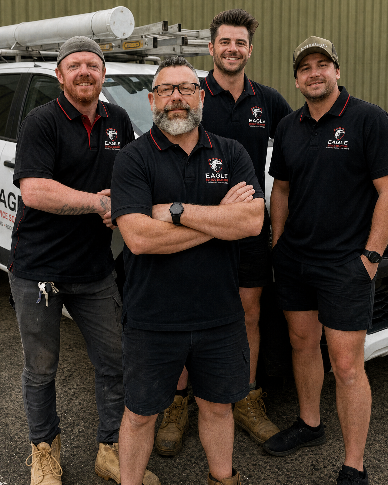 Four smiling men in black polo shirts stand in front of a truck and utility equipment.