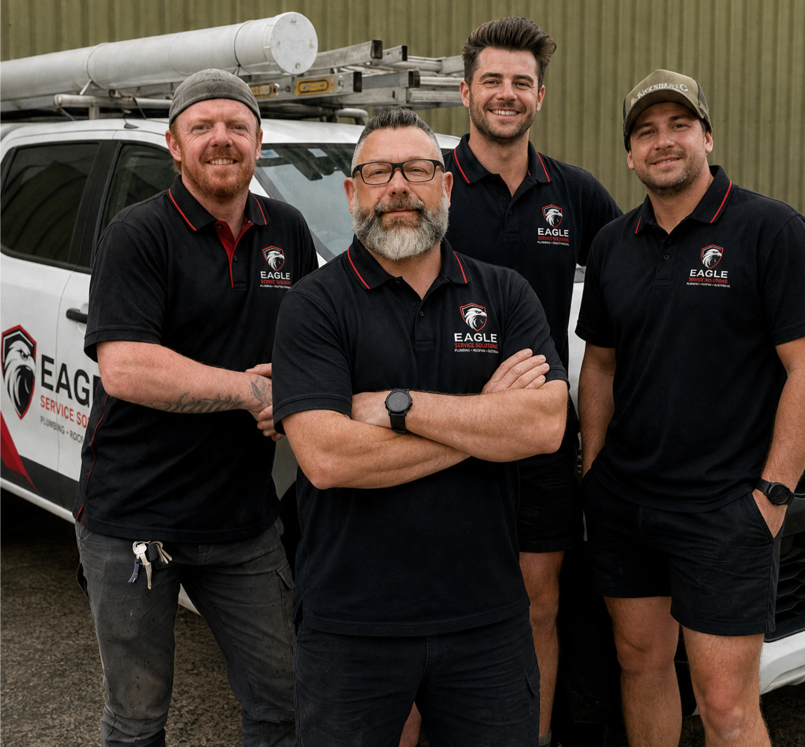 Four people in black polos posing beside a work vehicle with a ladder on top.