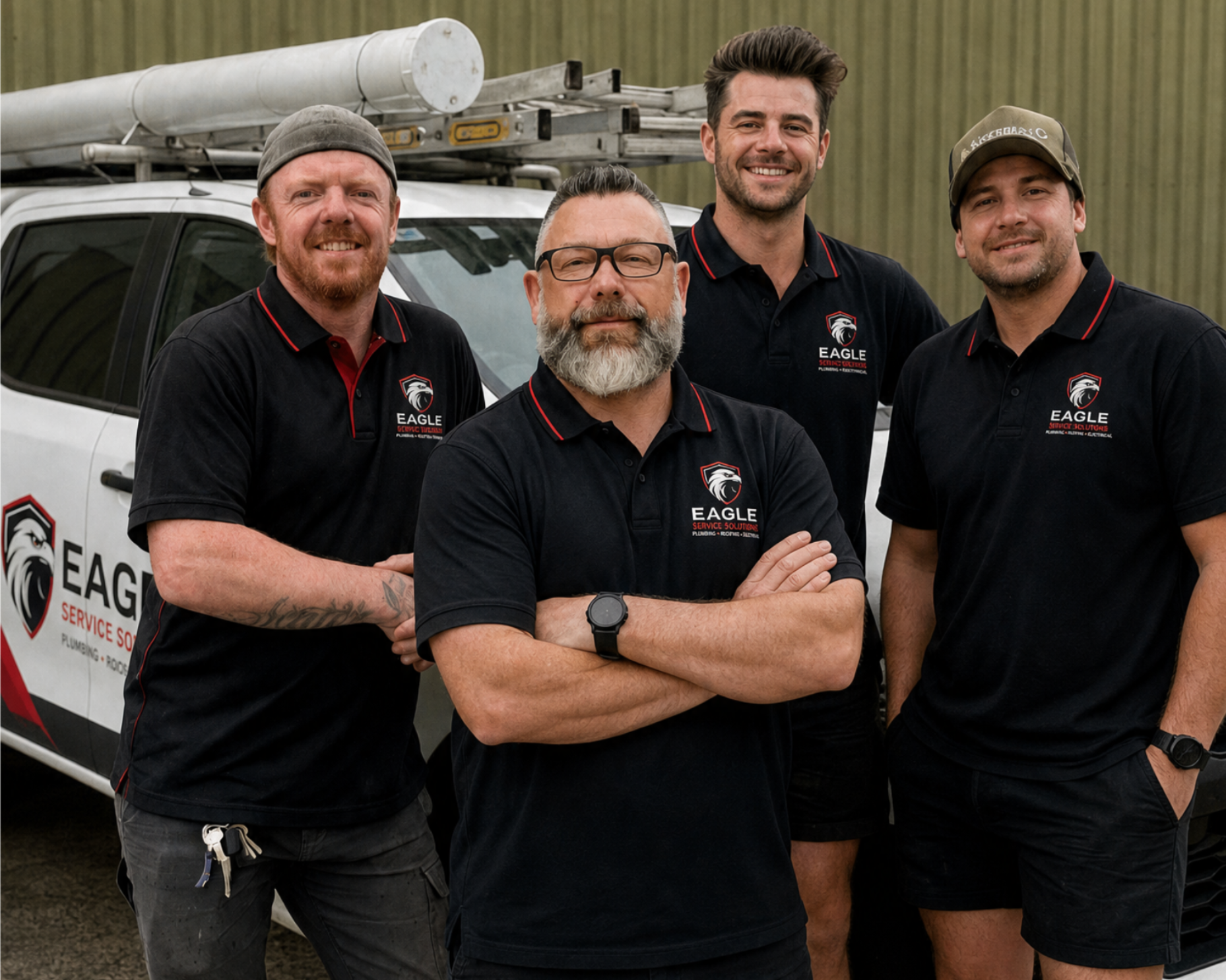 Four utility workers in black polos stand by a service truck, arms crossed and smiling.