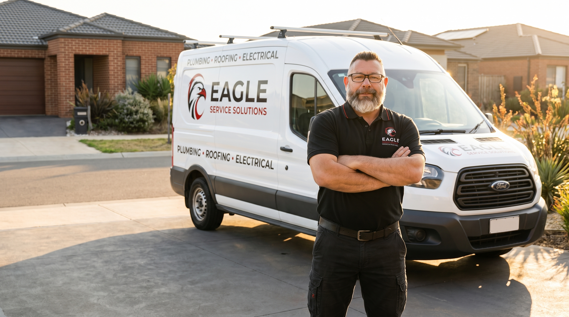 Man standing with arms crossed beside a white service van in a suburban driveway at sunset