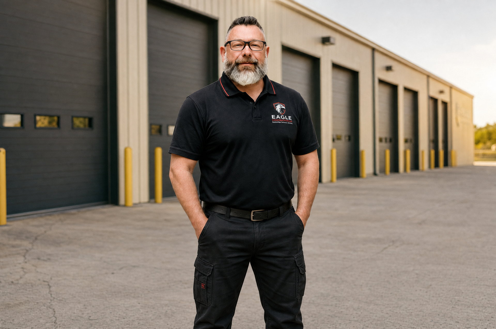Man standing outside industrial warehouse units, wearing a black polo and black pants.