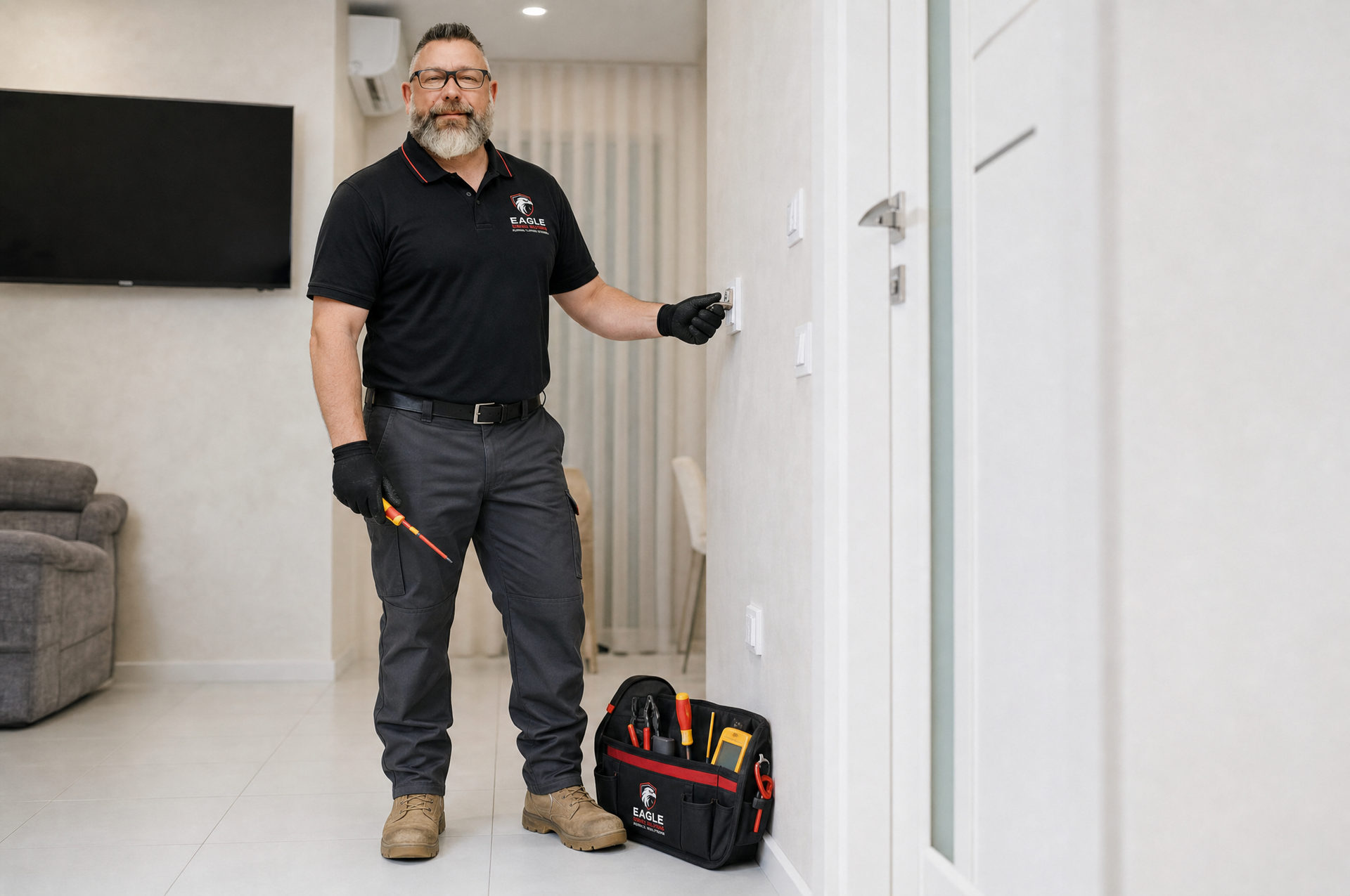 Technician in a black shirt stands in a hallway beside a toolbox and white doors.