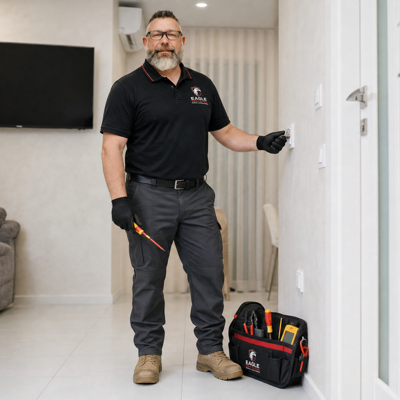 Technician in black shirt and gray pants stands in a bright room beside a tool bag and holds a screwdriver.