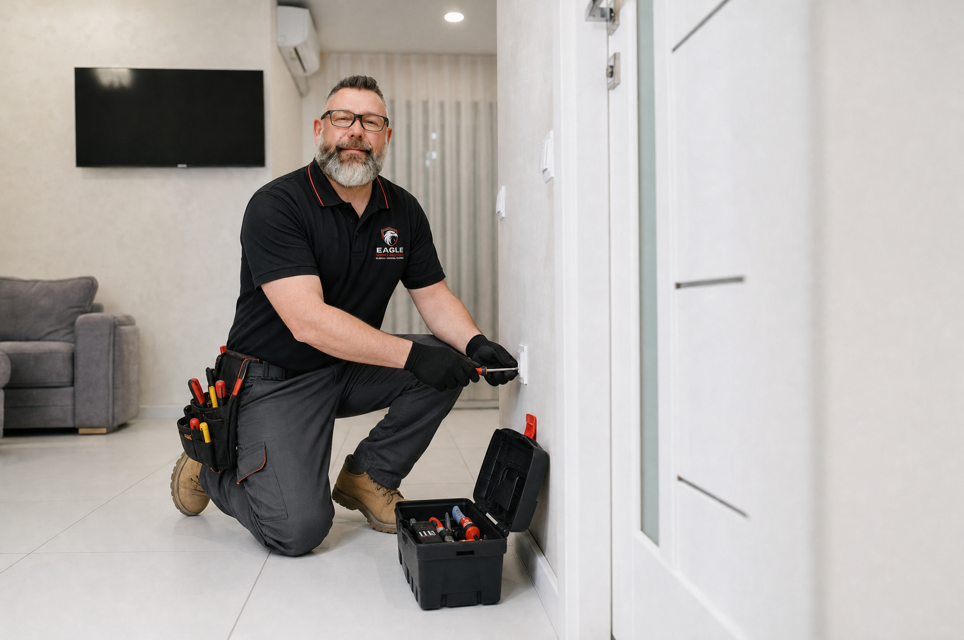 Technician kneeling in a hallway beside an open toolbox, working on a white wall panel.