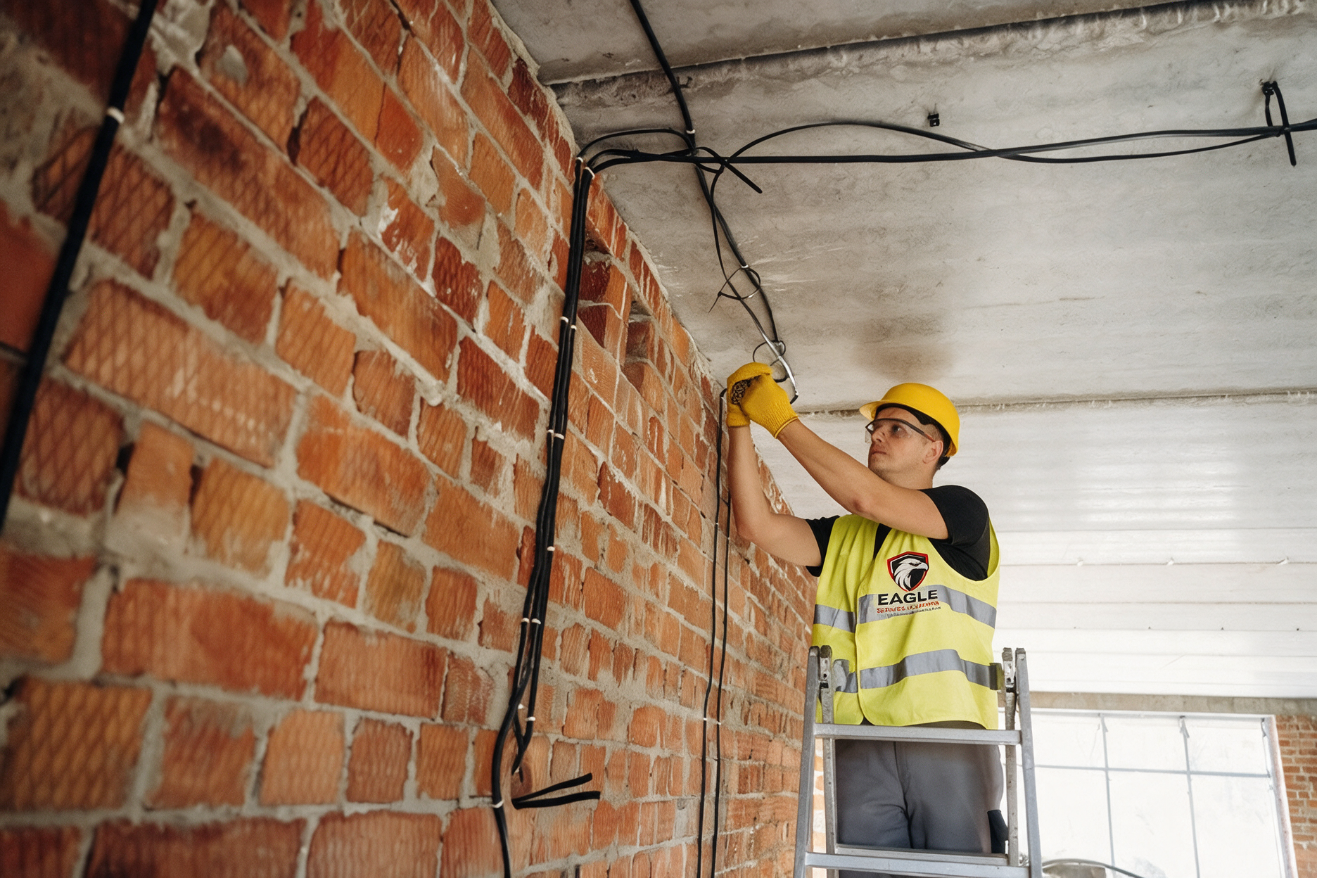 Worker in yellow hard hat wiring a brick wall at an indoor construction site